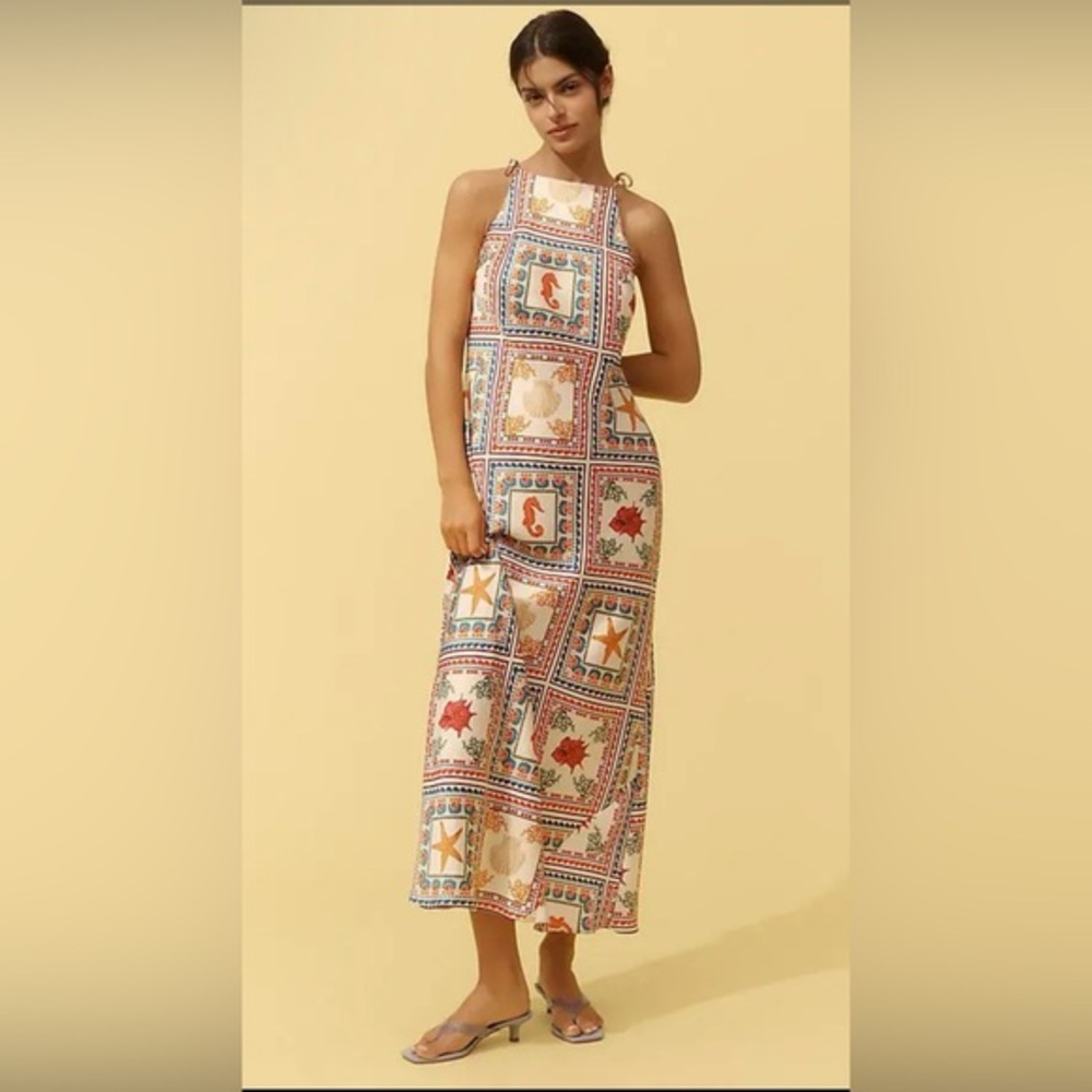NEW | ANTHROPOLOGIE  Tie-Shoulder Column Dress - Ocean Creatures Sz: Small